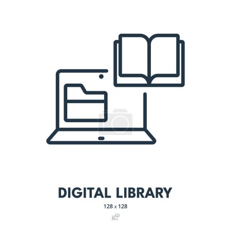 Ikone der digitalen Bibliothek. E-Book, Lesen, Bildung. Editierbarer Schlaganfall. Einfache Vektor-Ikone