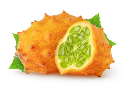 Photo for Isolated kiwanos. One fresh kiwano melon fruit and a half with leaves isolated on white background with clipping path - Royalty Free Image