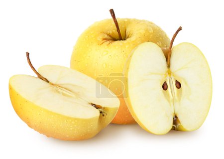 Photo for Isolated apples. Whole yellow (golden) apple fruit with half isolated on white, with clipping path - Royalty Free Image