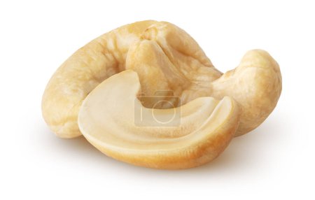 Photo for Isolated roasted cashew nuts. Two whole roasted cashew nuts and a half isolated on white background with clipping path - Royalty Free Image