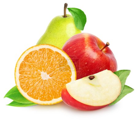 Téléchargez les photos : Fruits isolés. Fruit de pomme rouge avec tranche d'orange avec poire isolée sur blanc avec chemin de coupe - en image libre de droit