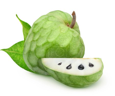 Isolated cherimoya. Whole and a piece of cherimoya (Custard apple) fruits with leaves isolated on white background