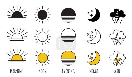 Parties de la journée Matin, après-midi, midi, soir, icônes de la nuit. Transparence diurne Icônes vectorielles