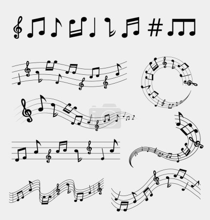 Foto de Notas musicales sobre la colección de líneas. Acordes musicales con curvas y remolinos. ilustración vectorial - Imagen libre de derechos