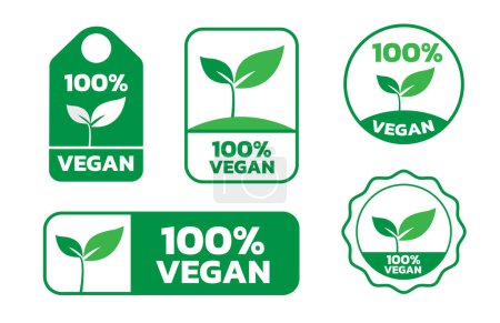 Foto de Set de iconos 100% veganos. Símbolos orgánicos, bio, eco verdes. vectores veganos insignias, etiqueta, etiqueta. - Imagen libre de derechos
