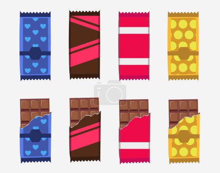Foto de Conjunto de barras de chocolate. barras planas mínimas del chocolate con el paquete, ilustración del vector - Imagen libre de derechos