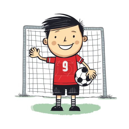 Foto de Portero de fútbol mantener la ilustración vector objetivo, dibujos animados estilo dibujado a mano niños. niños jugando fútbol - Imagen libre de derechos