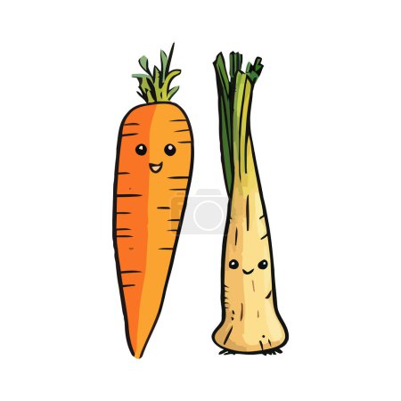 Foto de Zanahoria y puerros con ojos, mano de dibujos animados dibujado zanahoria y puerros. Niños divertido ilustración vegetal. - Imagen libre de derechos