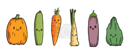 Foto de Lindo conjunto de verduras vector, caracteres vegetales con la cara. dibujos animados colección de verduras dibujadas a mano. verduras incluyendo zanahoria, puerros, calabaza, brinjal, pepino, etc.. - Imagen libre de derechos
