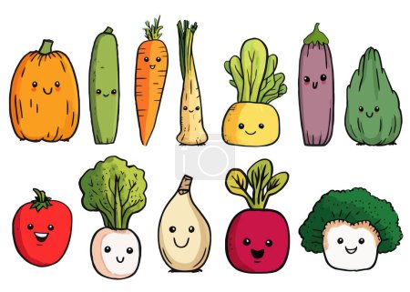 Foto de Lindo conjunto de verduras vector, Verduras con la cara, dibujos animados colección de verduras dibujadas a mano. Niños ilustración divertida - Imagen libre de derechos