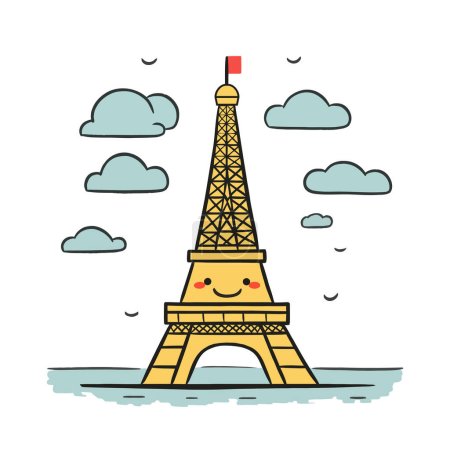 Illustration for Cute Eiffel tower in Paris. Architecture city symbol of France famous tower. cartoon hand-drawn Eiffel tower - Royalty Free Image