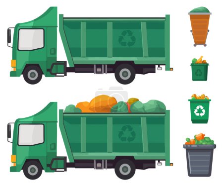 Foto de Camión de basura verde y varios tipos de papelera aislada sobre fondo blanco. camión de basura y cubo de basura con basura. Concepto de ecología y reciclaje Ilustración vectorial. - Imagen libre de derechos