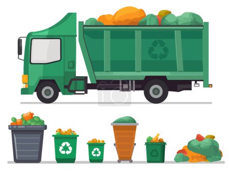 Green Garbage truck and various types of trash bin isolated on white background. garbage truck and dustbin with rubbish. Ecology and recycle concept Vector illustration.