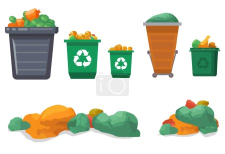 Illustration for Trash Bins and Rubbish Sacks collection. Bins full with Refuse and Garbage Bags Vector Set - Royalty Free Image