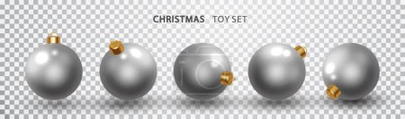 Illustration for Silver Christmas ball realistic Isolated in different projections. Holiday toy decoration 3d element. Rendering vector illustration - Royalty Free Image
