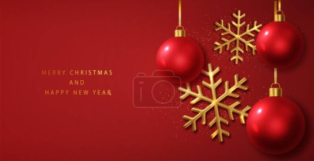 Red Christmas Hintergrund mit goldenen realistischen Schneeflocken und glänzenden Kugeln. Weihnachtsposter, Grußkarten. Flache Lage, Draufsicht. Feiertagszusammensetzung