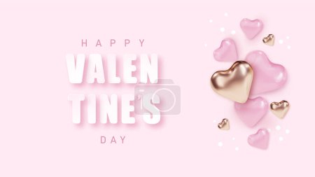 Illustration for Happy valentines day vector banner background. Valentines day greeting card with realistick heart shapes and jewelries in pink background . Vector illustration - Royalty Free Image