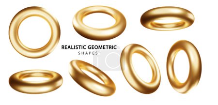 Ilustración de Gold torus shapes set isolated on white background. Golden glossy realistic primitives . Abstract decorative vector figure for trendy design - Imagen libre de derechos
