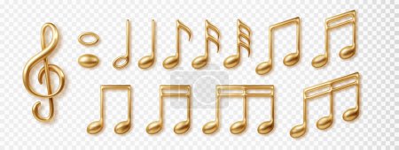 Golden music notes collection isolated on transparent background. Vector 3d realistic icon