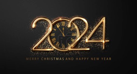 2024 Uhr und Feuerwerk schaffen eine luxuriöse, dunkle Kulisse, um ein frohes neues Jahr zu begrüßen. Auffälliges Weihnachtsdesign für ein schönes Urlaubsbanner