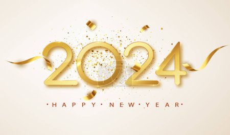 Feliz Año Nuevo 2024. Números dorados con cintas y confeti sobre fondo blanco