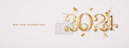 Gold 2024 Frohes Neues Jahr elegantes langes Banner mit fallendem Konfetti auf hellem Hintergrund. 2024 Goldene 3D-Zahl, elegantes Weihnachtsdesign