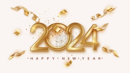 Ilustración de 2024 Feliz Año Nuevo plantilla de tarjeta de felicitación con números dorados festivos, confeti realista, y felicitaciones cálidas, ideal para compartir alegría navideña. - Imagen libre de derechos