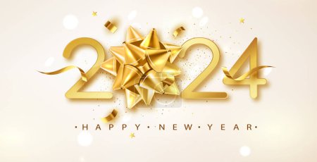Photo for 2024 Happy New Year vector background with golden gift bow, confetti, white numbers. Winter holiday greeting card design template. Christmas and New Year posters. - Royalty Free Image