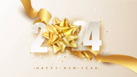 Ilustración de 2024 Feliz año nuevo. Elegantes números con lazo que indican la fecha del nuevo año. Banner para tarjeta de felicitación, calendario - Imagen libre de derechos