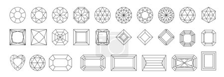 Diamond shape outline set. Gem collection thin line. Jewel symbol in linear style. Crystal, gemstone black contour icons design isolated