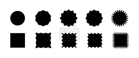 Schwarze Quadrate und Kreise mit gewellten Kanten sammeln sich an. Gezackte Designelemente für Tags, Etiketten, Aufkleber, Abzeichen, Stempel rechteckige Formen
