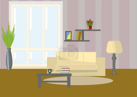 Téléchargez les illustrations : Un salon avec une fenêtre panoramique et un canapé beige - en licence libre de droit