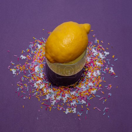 lemon, lemonade and sprinkles creative layout. Food photography. Studio shot.