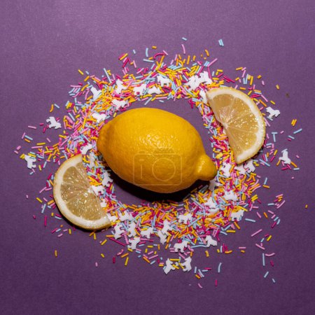 Lemons and sprinkles creative layout. Food photography. Studio shot.