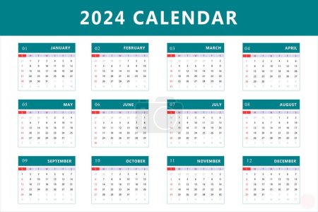 Téléchargez les illustrations : Modèle de calendrier mensuel de l'année 2024. Conception vectorielle - en licence libre de droit