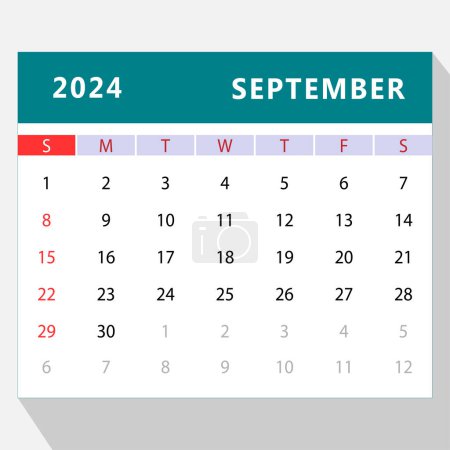 Téléchargez les illustrations : Modèle de calendrier septembre 2024. Conception vectorielle - en licence libre de droit