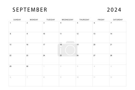 Calendario septiembre 2024. Plantilla de planificador mensual. El domingo empieza. Diseño vectorial