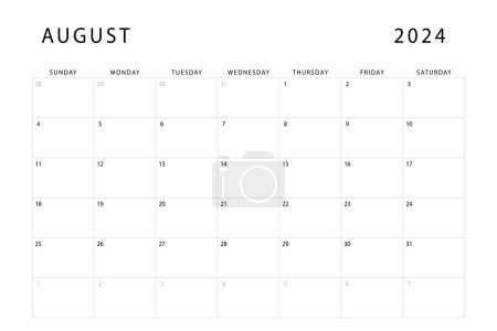 Calendario agosto 2024. Plantilla de planificador mensual. El domingo empieza. Diseño vectorial