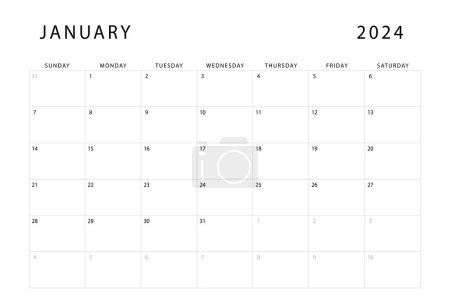 Enero 2024 calendario. Plantilla de planificador mensual. El domingo empieza. Diseño vectorial