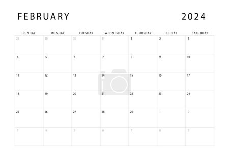 Téléchargez les illustrations : Calendrier février 2024. Modèle de planificateur mensuel. Début dimanche. Conception vectorielle - en licence libre de droit