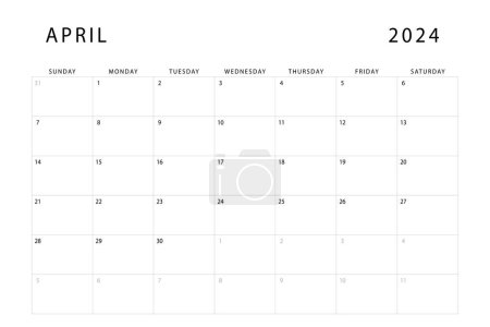 April 2024 calendar. Monthly planner template. Sunday start. Vector design