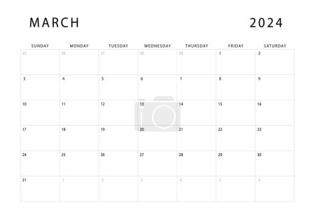 Calendario marzo 2024. Plantilla de planificador mensual. El domingo empieza. Diseño vectorial