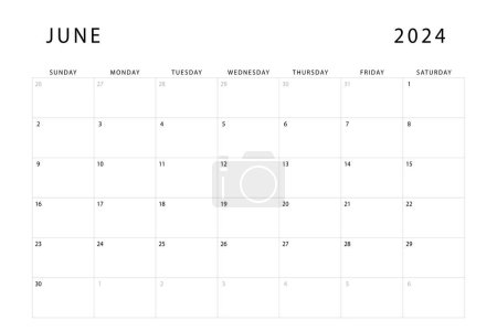 June 2024 calendar. Monthly planner template. Sunday start. Vector design