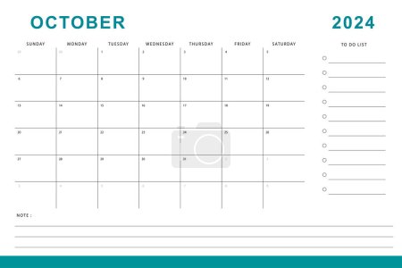 Téléchargez les illustrations : Calendrier octobre 2024. Modèle de planificateur mensuel. Début dimanche. Conception vectorielle - en licence libre de droit