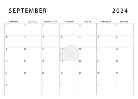Téléchargez les illustrations : Calendrier septembre 2024. Début lundi. Modèle de planificateur mensuel. Conception vectorielle - en licence libre de droit