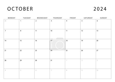 Téléchargez les illustrations : Calendrier octobre 2024. Début lundi. Modèle de planificateur mensuel. Conception vectorielle - en licence libre de droit