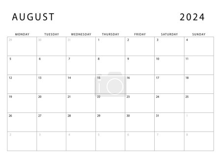 Calendario agosto 2024. Lunes de inicio. Plantilla de planificador mensual. Diseño vectorial