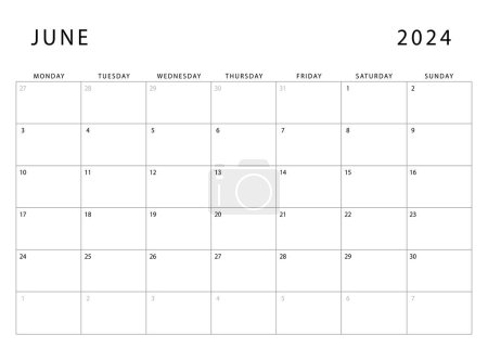 Calendario junio 2024. Lunes de inicio. Plantilla de planificador mensual. Diseño vectorial