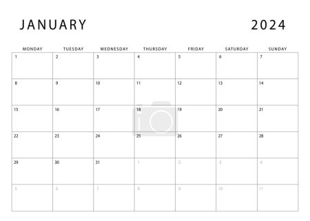 Enero 2024 calendario. Lunes de inicio. Plantilla de planificador mensual. Diseño vectorial
