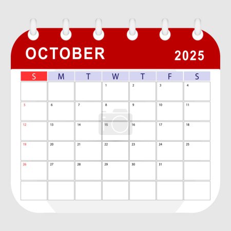 Oktober 2025 Kalender. Monatliche Planervorlage. Der Sonntag beginnt. Vektordesign
